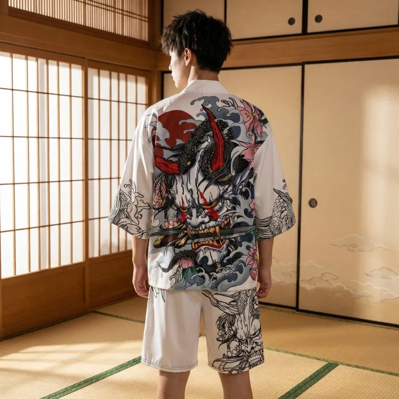 Vista trasera del conjunto kimono hombre con shorts a juego