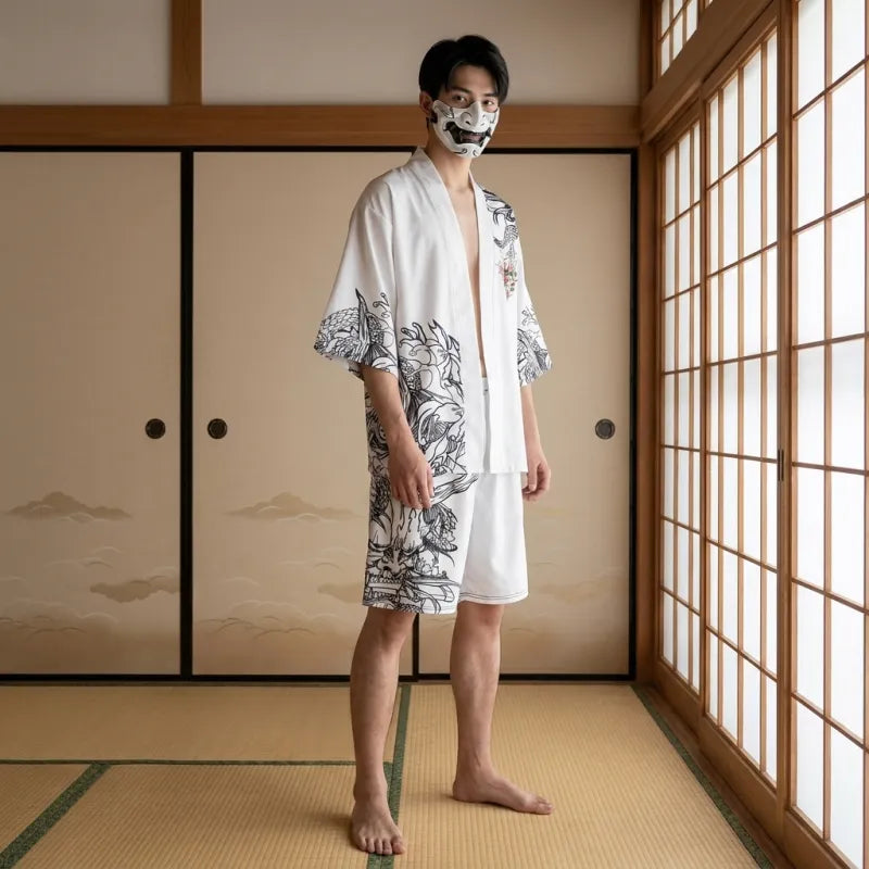 Vista frontal del conjunto kimono hombre estilo Harajuku