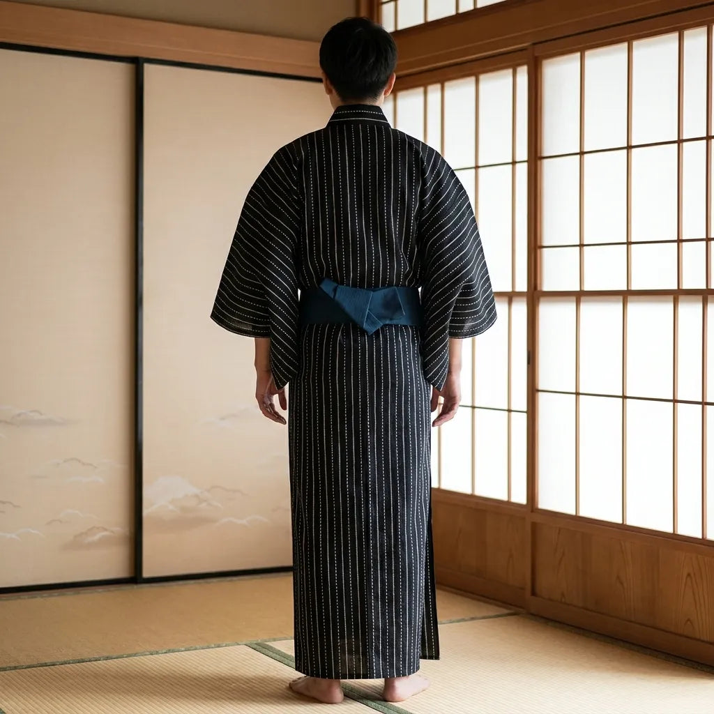 Corte largo del kimono negro para hombre