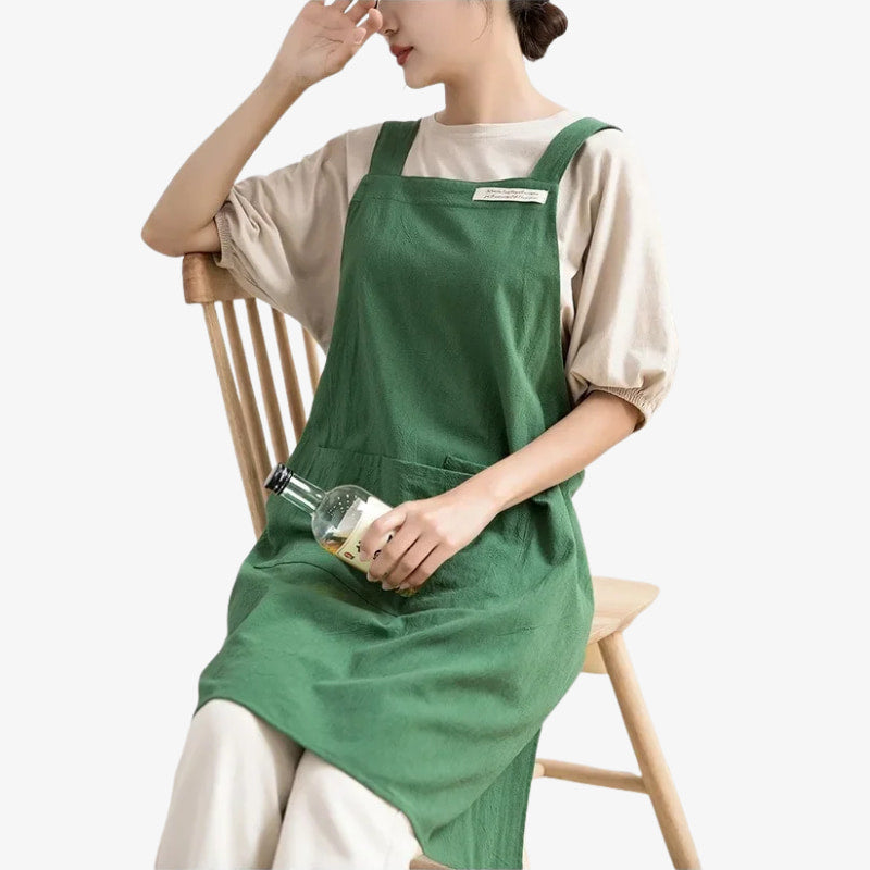 Delantal de cocina de estilo japonés hecho en lino y algodón con tirantes cruzados para garantizar comodidad y durabilidad durante las tareas culinarias