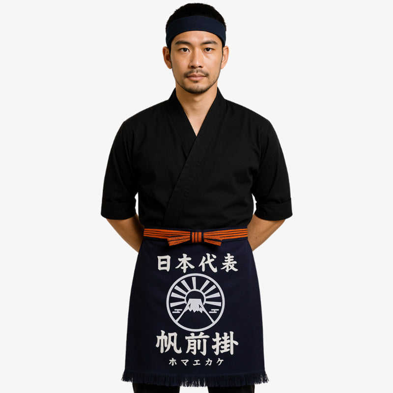 Delantal de cocina japonés estilo Maekake en azul marino, confeccionado en algodón grueso con kanji blanco para uso culinario tradicional