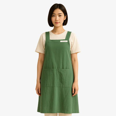 Delantal de estilo japonés confeccionado en mezcla de lino y algodón con tirantes cruzados para un ajuste cómodo y versátil