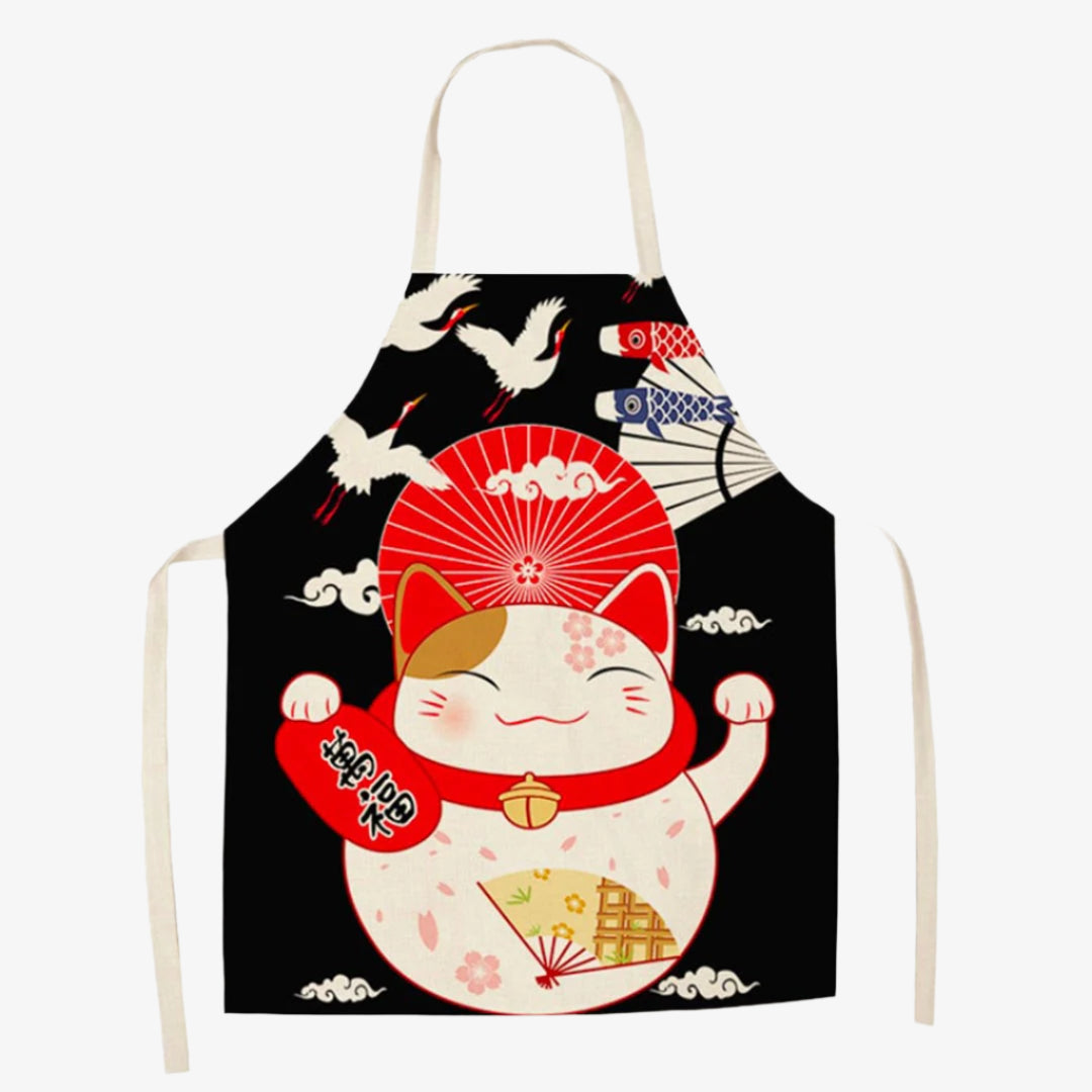 Delantal japonés con motivos de maneki neko y koi