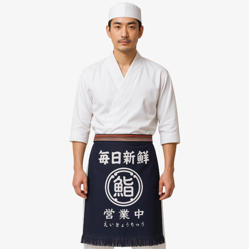 Delantal japonés tradicional en algodón azul marino con kanji blanco en gran tamaño, ideal para chefs y aficionados a la cocina japonesa