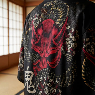 Primer plano del bordado trasero de un haori kimono yokai