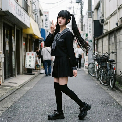 Uniforme marinero en Harajuku captado en movimiento, cuello gris y falda plisada negra en pleno paso