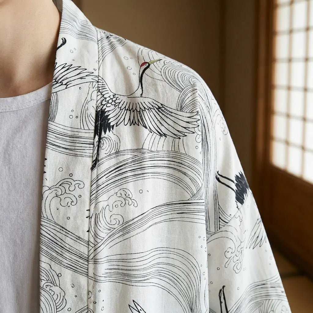 Detalle del estampado y la manga de una chaqueta kimono haori