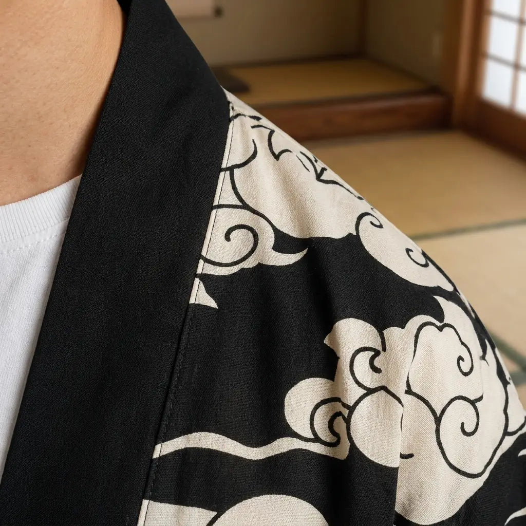 Detalle del estampado de oni y kitsune sobre la tela del haori