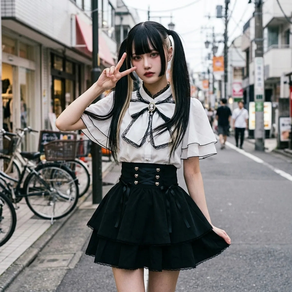 Look de estilo callejero de Harajuku, con las mangas abullonadas y la falda de capas capturadas en pleno movimiento