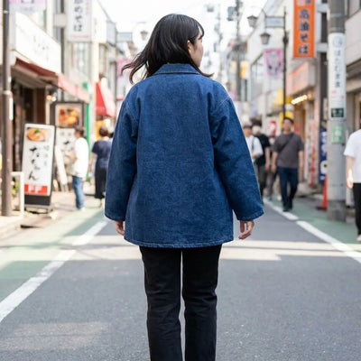 Mujer vista de espaldas con un haori azul en una calle de Harajuku