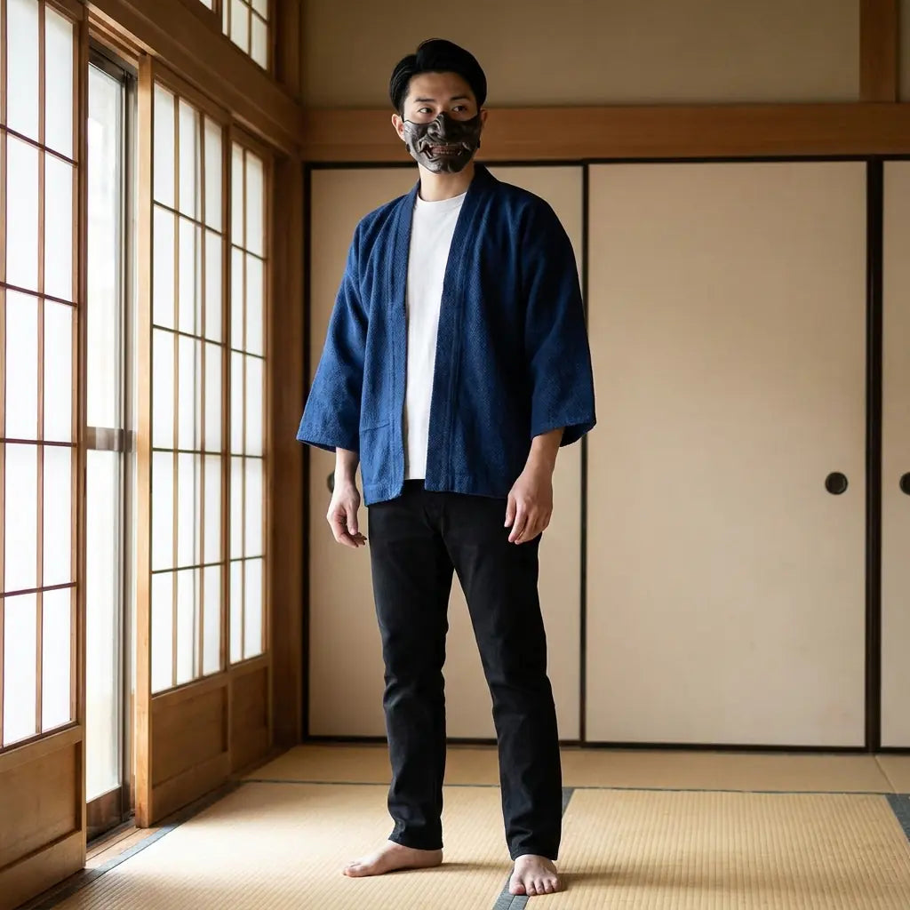 Hombre luciendo estilo japonés masculino tradicional en interior con shoji