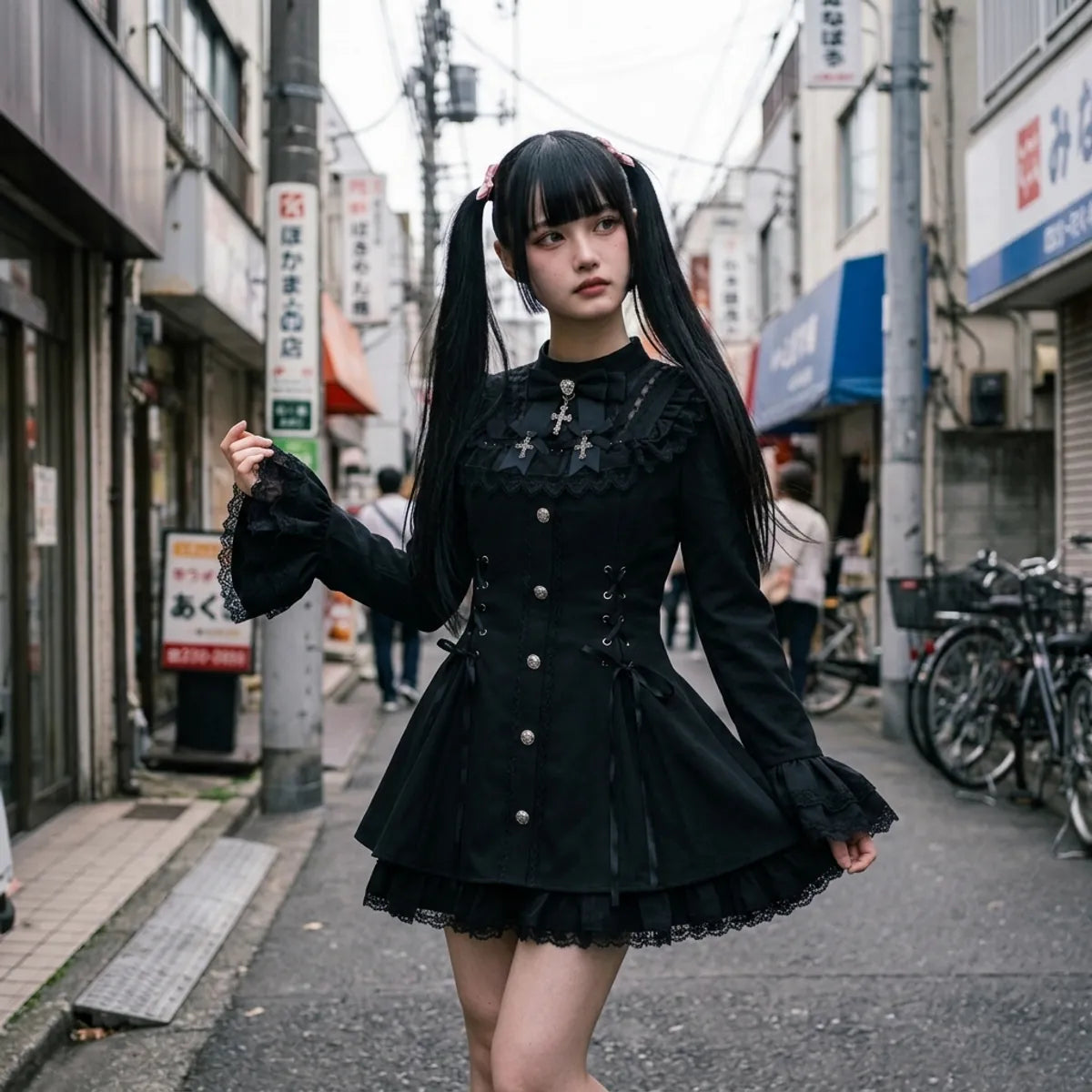 El vestido lolita oscuro visto de tres cuartos en Harajuku, con la manga acampanada y los volantes de la falda visibles