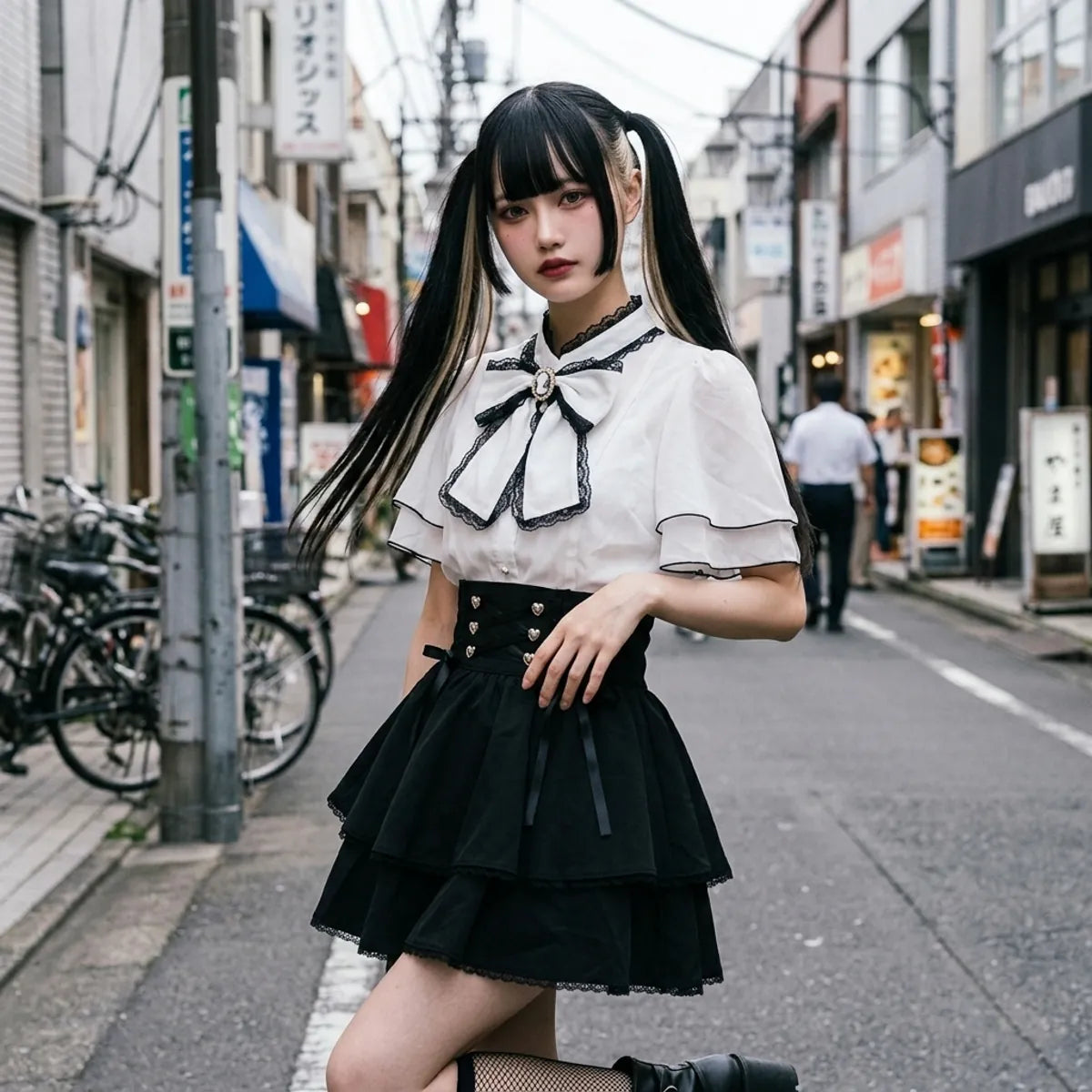 La minifalda negra de capas y su cinturon tipo corset vistos de tres cuartos en una calleja de Harajuku