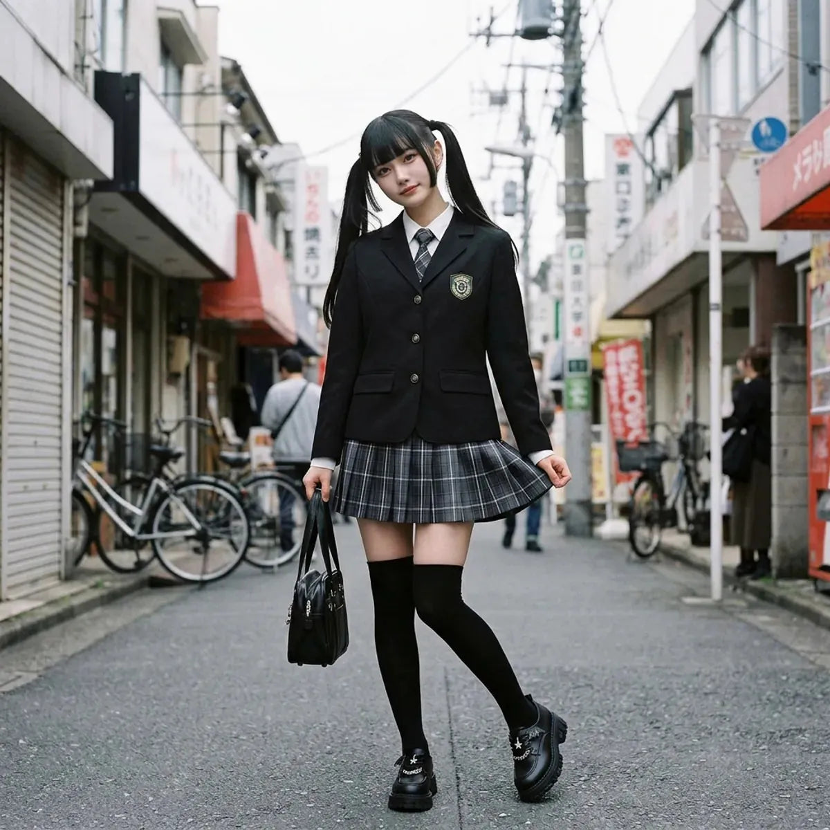 Chica con uniforme escolar japones en una callejuela de Harajuku, chaqueta negra con escudo y falda escocesa plisada