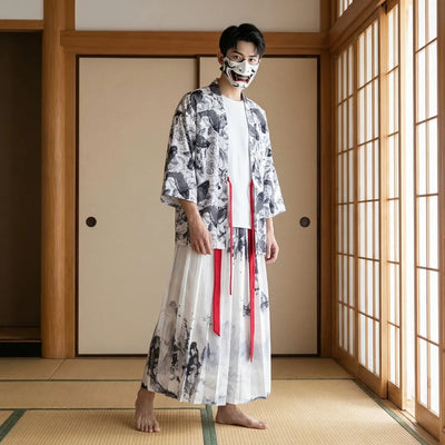 Falda hakama de estilo japonés vista frontal con caída fluida