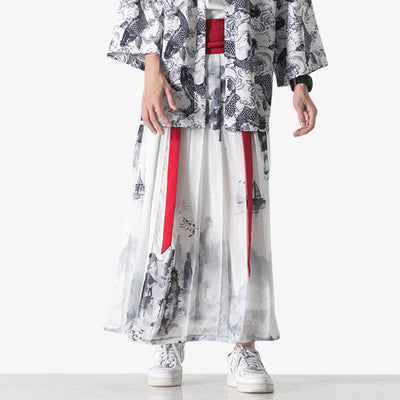 Falda kimono blanca con motivo ukiyo-e impreso en el tejido