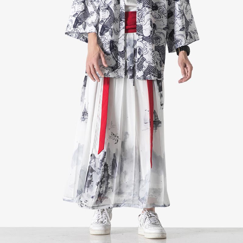 Falda kimono blanca con motivo ukiyo-e impreso en el tejido