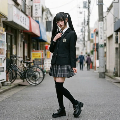 El uniforme escolar japones visto de tres cuartos en Harajuku, chaqueta negra, falda de cuadros plisada y calcetines negros largos