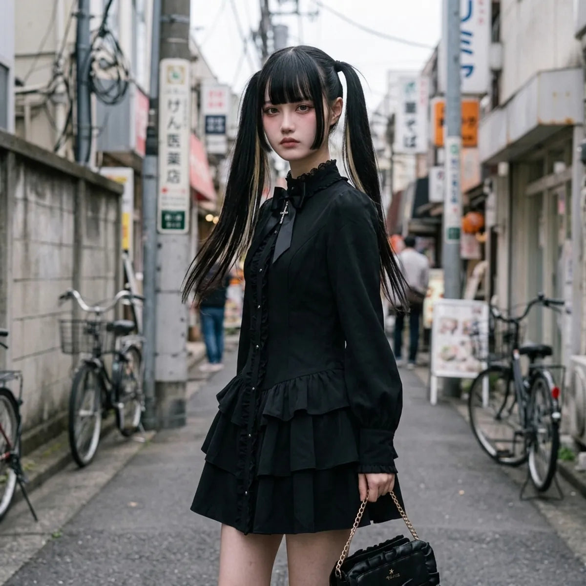 El vestido gótico punk visto de tres cuartos en Harajuku, con la manga abullonada y los dos niveles de volantes visibles