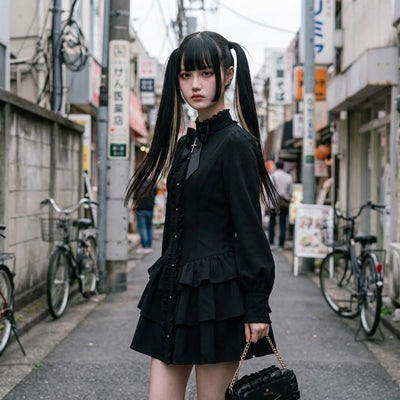 El vestido gótico punk visto de tres cuartos en Harajuku, con la manga abullonada y los dos niveles de volantes visibles