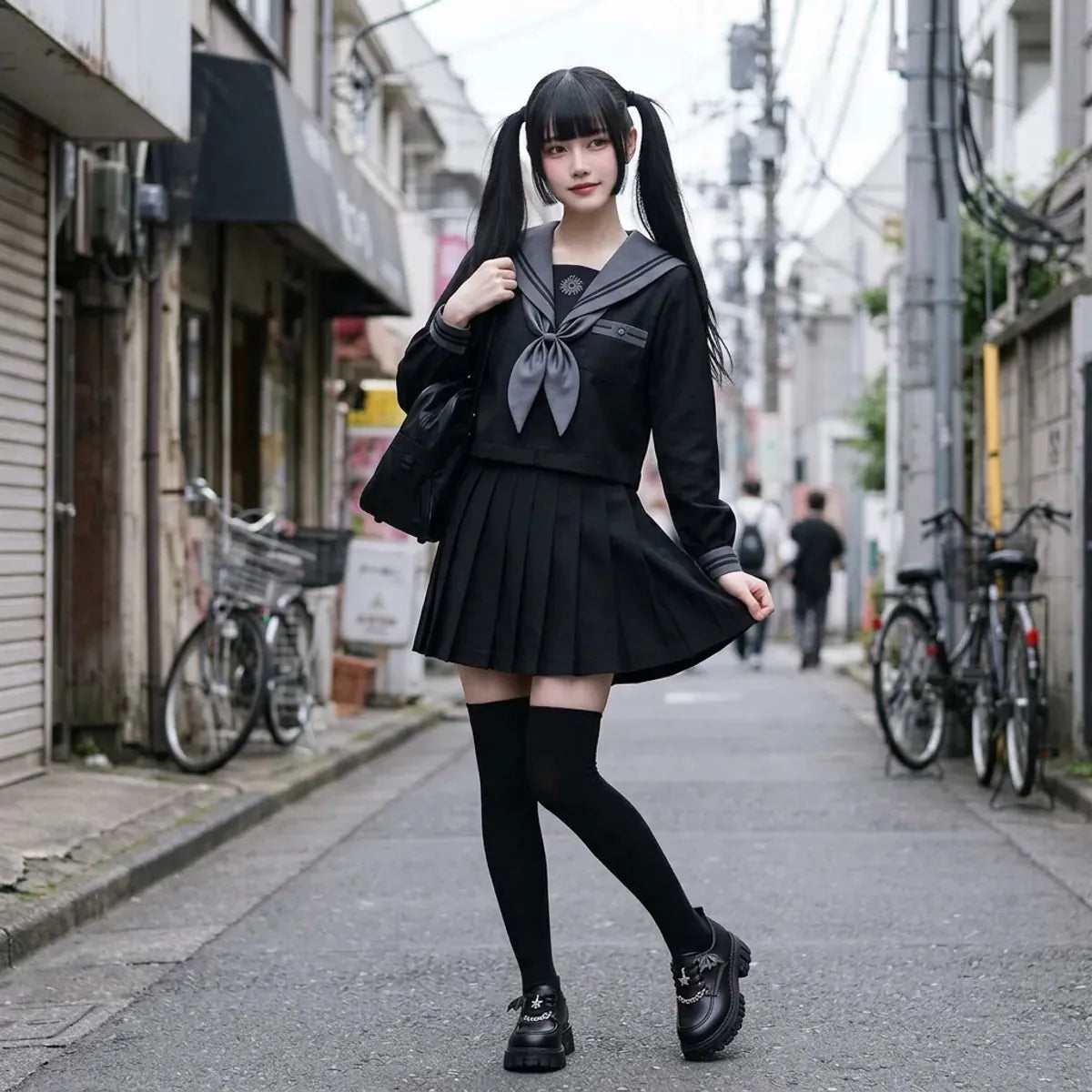 Fuku marinero negro con cuello gris y bufanda gris llevado en una callejuela de Harajuku con una mochila escolar