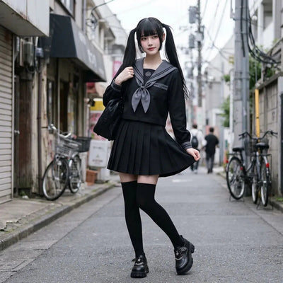 Fuku marinero negro con cuello gris y bufanda gris llevado en una callejuela de Harajuku con una mochila escolar