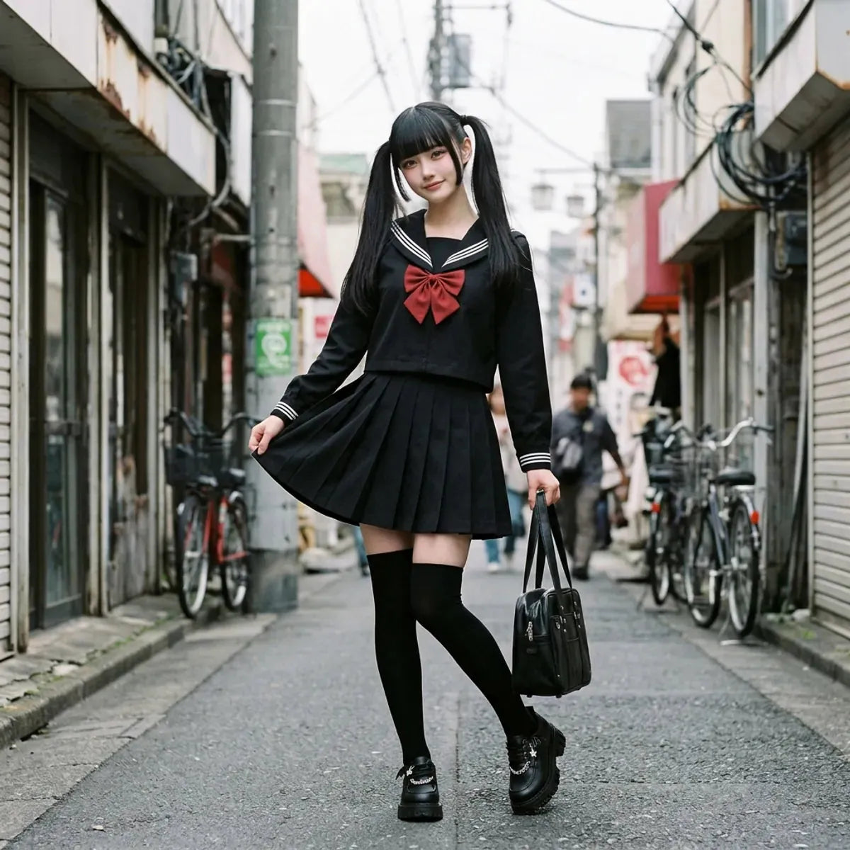 Fuku marinero negro con lazo rojo llevado en una callejuela de Harajuku con una mochila escolar