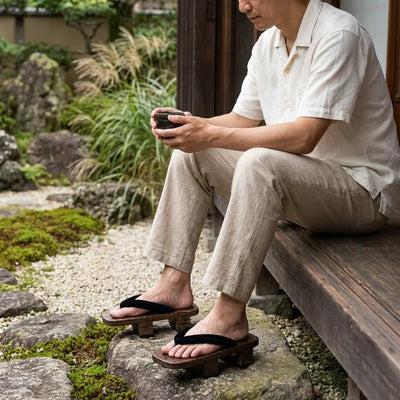 Sandalias geta llevadas con calcetines tabi blancos por un hombre sentado en un jardín japonés
