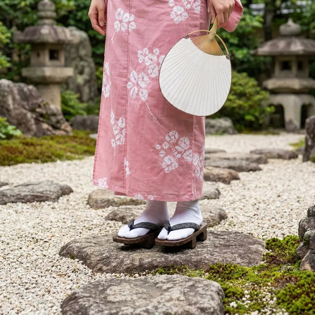 Geta con motivo seigaiha llevada junto a un kimono rosa en un jardín japonés