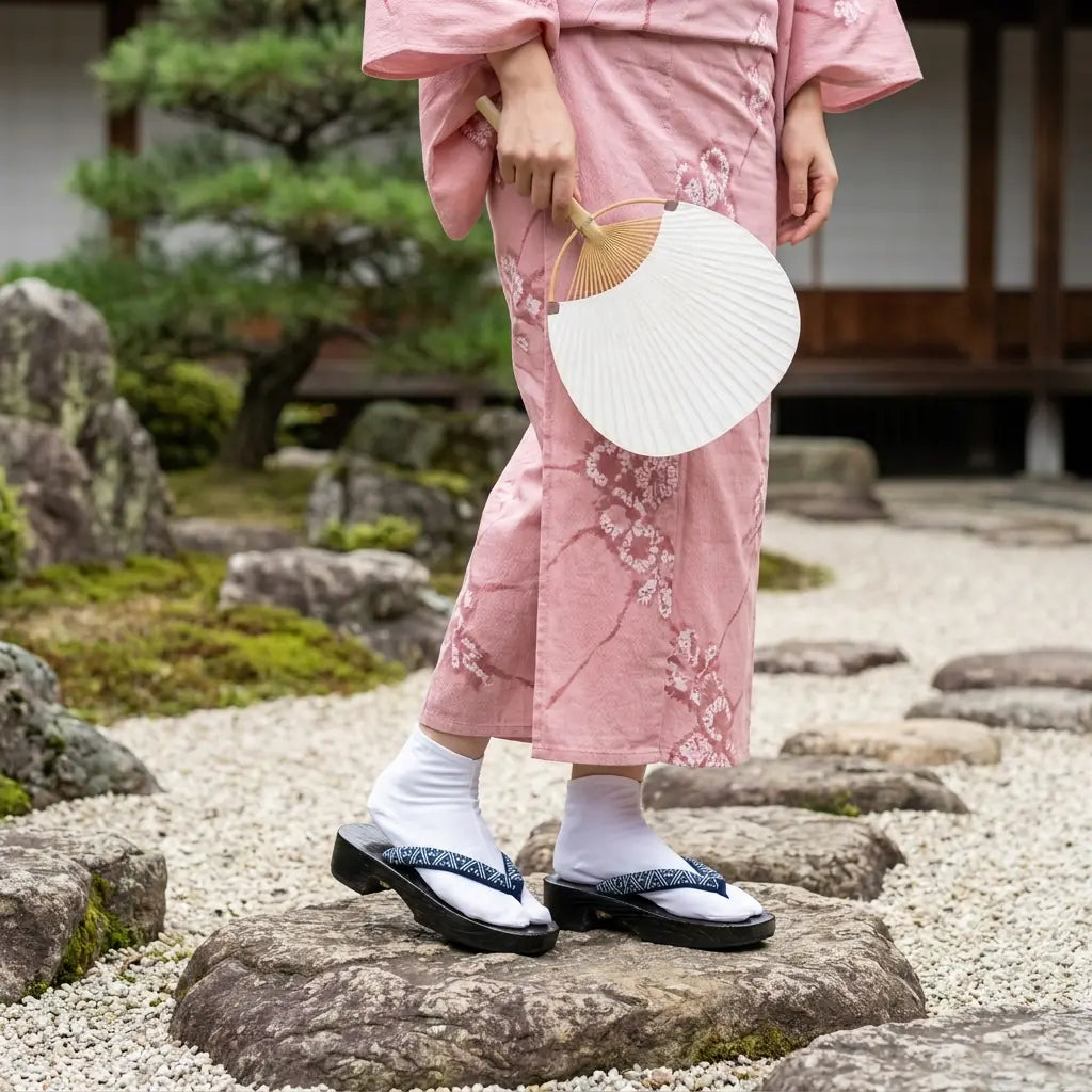 Sandalias geta llevadas con kimono rosa en jardín japonés