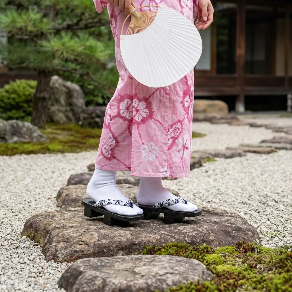 Sandalias geta llevadas con un kimono rosa en un jardín japonés