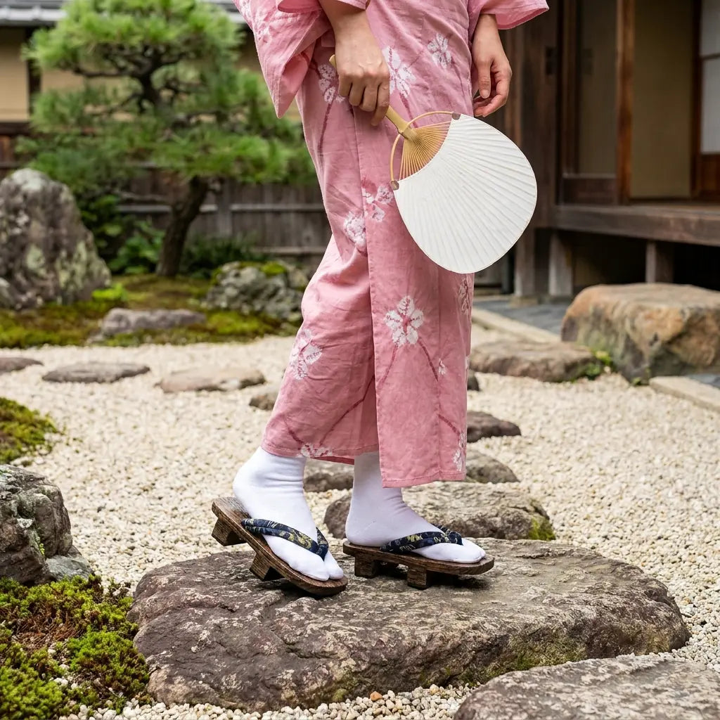 Geta combinada con un kimono rosa en un jardín japonés