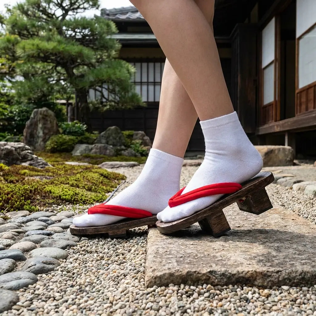 Zapatos geta hombre vistos desde un ángulo de tres cuartos en un jardín japonés