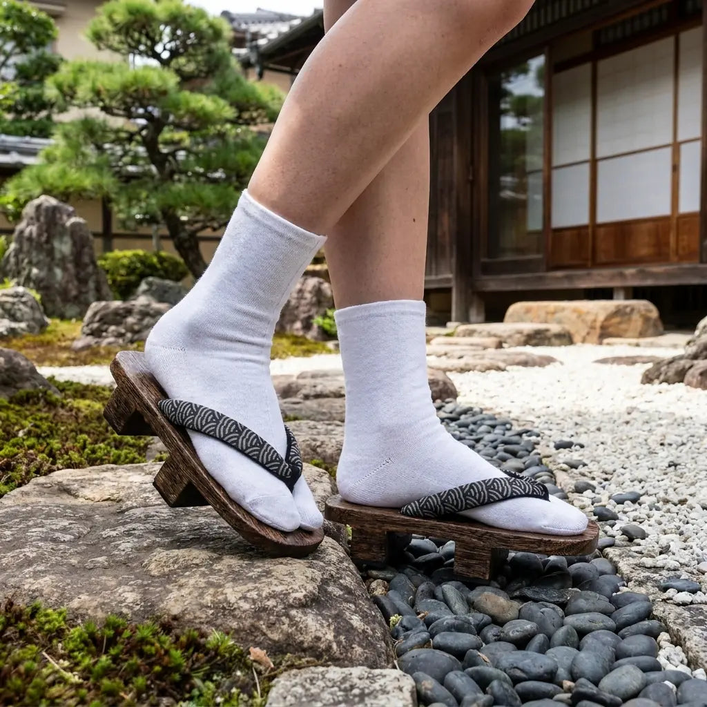 Sandalias Geta Seigaiha llevadas con calcetines tabi blancos en un jardín japonés