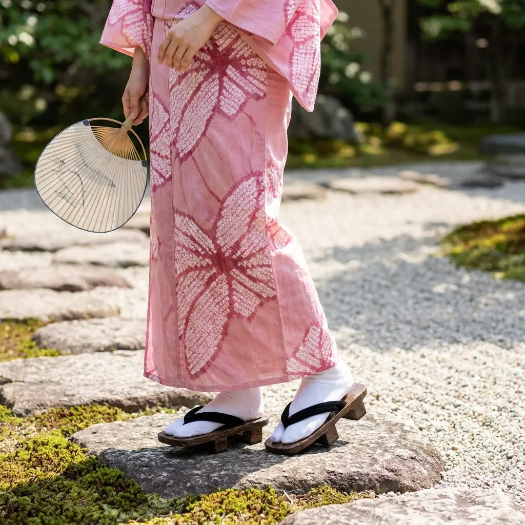Geta mujer llevado con un kimono rosa en un jardín japonés