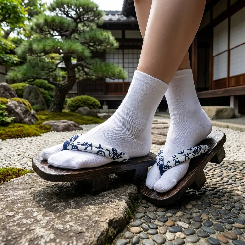 Sandalias geta con hanao floral azul marino en un jardín