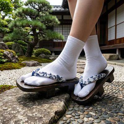 Sandalias geta con hanao floral azul marino en un jardín