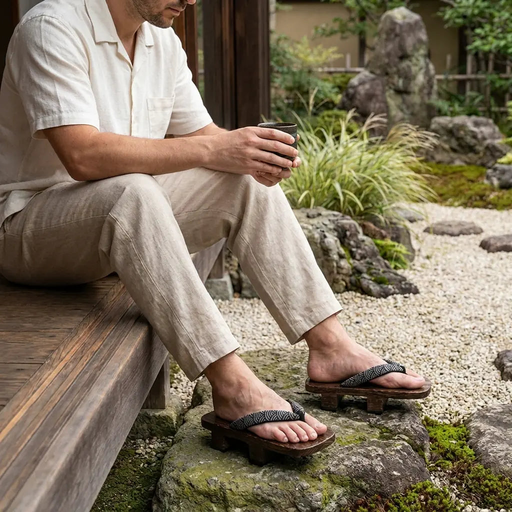 Geta con motivo seigaiha llevada sentado por un hombre en un jardín japonés