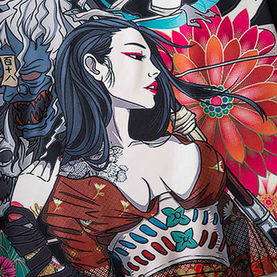 Guerrero samurái japonés estampado en un haori femenino de algodón