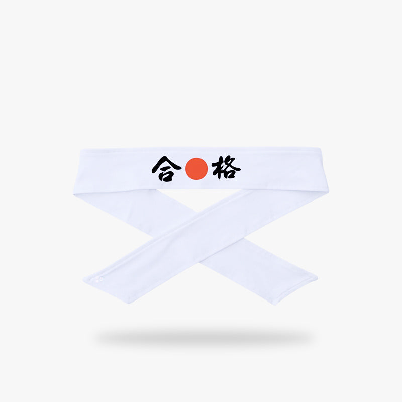 Hachimaki japonés blanco con kanji negro y un disco rojo que simboliza la tierra del sol naciente, símbolo de determinación ideal para artes marciales, festivales y sesiones de estudio intensas