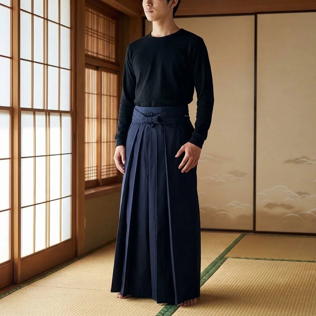 Pantalón hakama aikido de algodón azul marino sobre fondo neutro