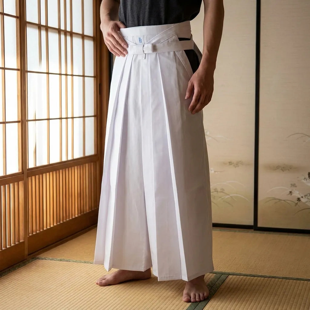 Vista frontal del hakama blanco con pliegues marcados