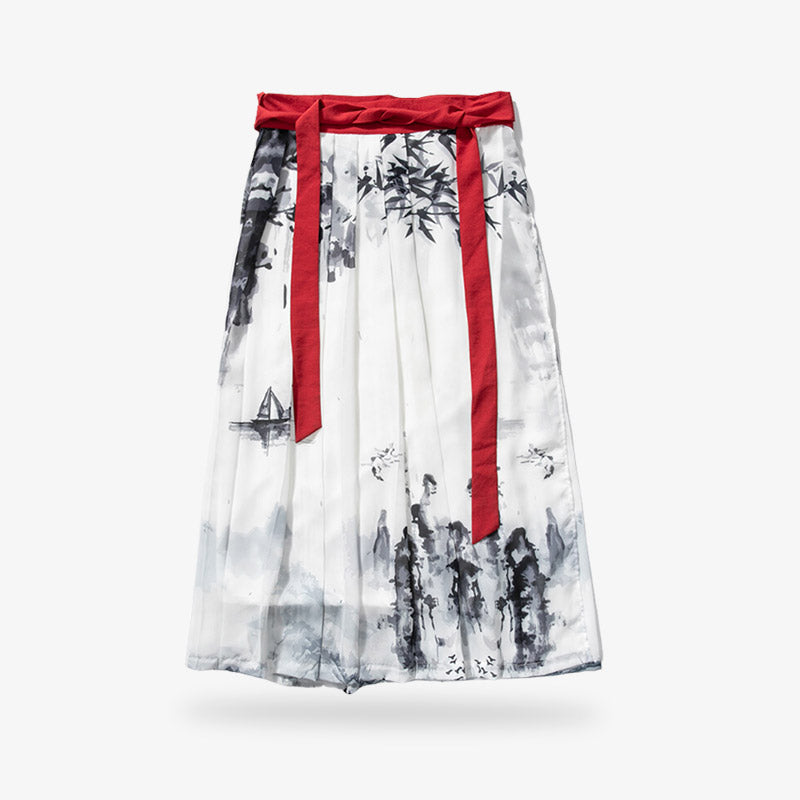 Hakama blanco tipo falda kimono cerrado con cinturón obi rojo
