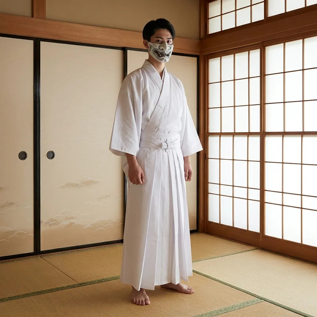 Hakama blanco visto de frente, corte tradicional japonés