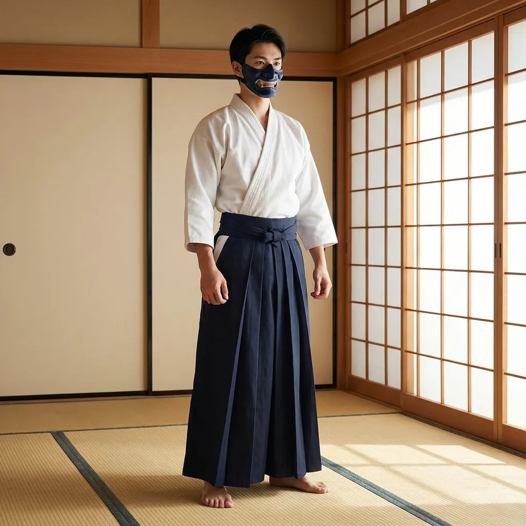 Hakama para hombre visto de perfil con pliegues frontales