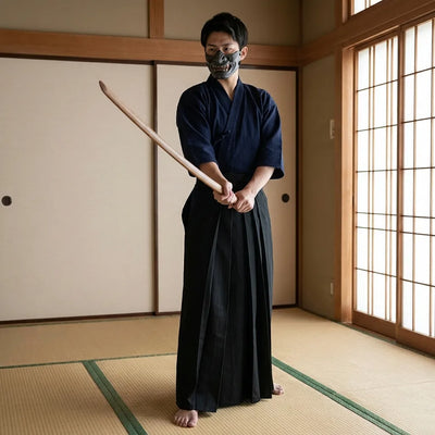 Hombre con hakama negro visto de frente en postura de artes marciales