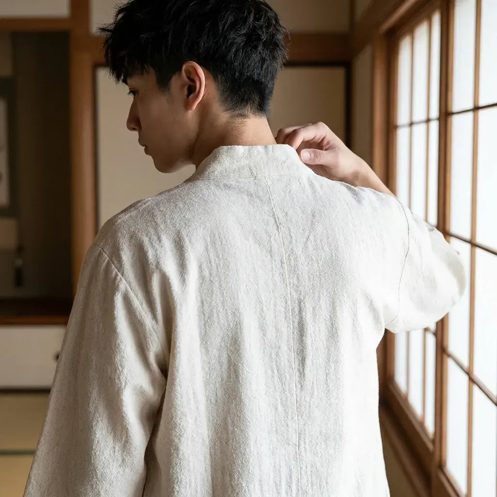 Kimono blanco hombre en plano sobre la espalda, detalle adicional