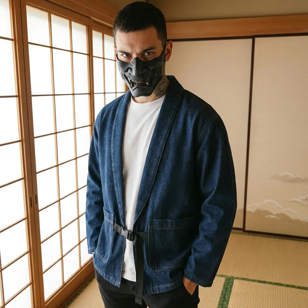 Hombre con haori azul en una sala washitsu japonesa con paneles shoji, vista frontal de cintura hacia arriba