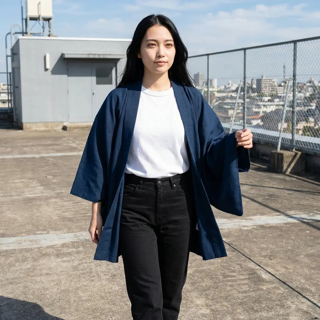 Haori azul fotografiado en una azotea, manos en los bolsillos, mostrando las mangas anchas de tres cuartos