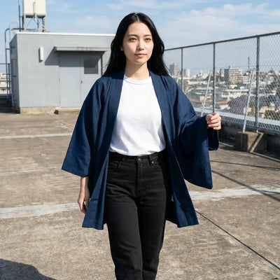 Haori azul fotografiado en una azotea, manos en los bolsillos, mostrando las mangas anchas de tres cuartos